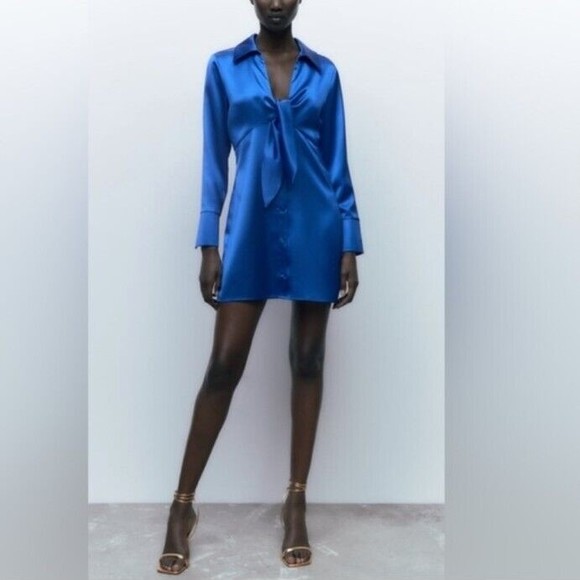 NWT Zara Sz M Satin Effect Blue Mini Dress Tie Front Long Sleeve Collared Deep V - Picture 2 of 15